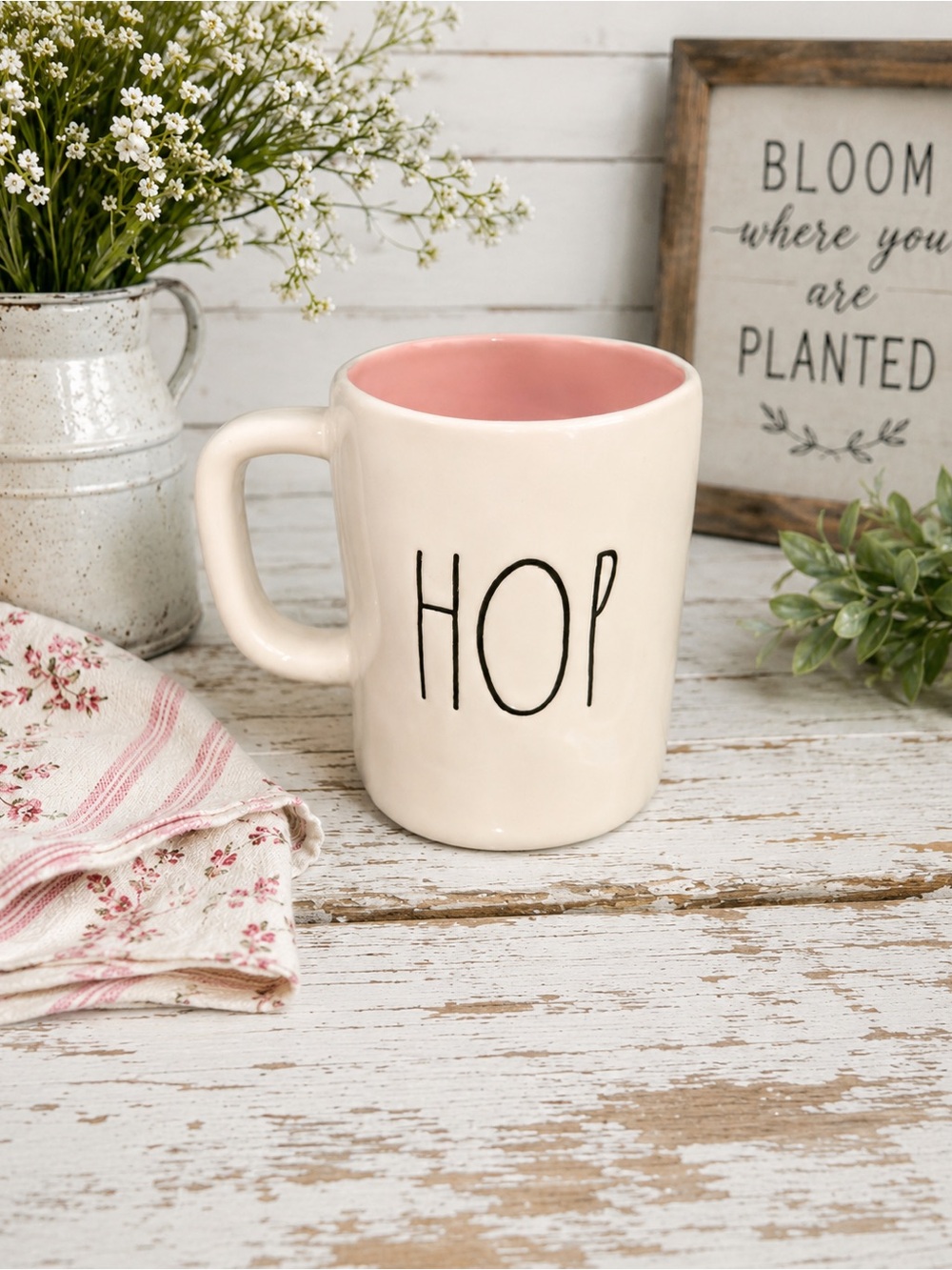 Rae Dunn Cream Mug with Pink Interior - HOP Lettering